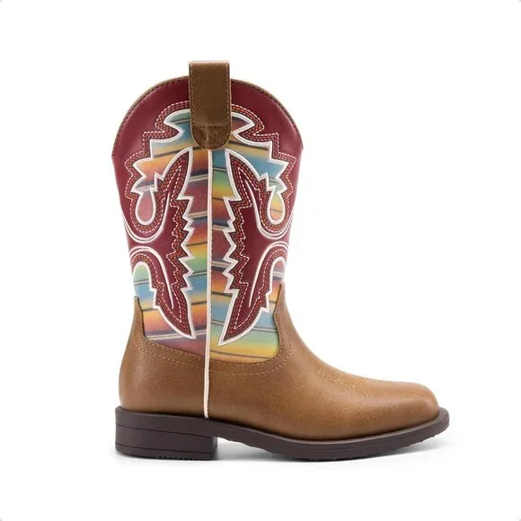 ⚡Girls Brown Multi Cowboy Boots Toddler Mid Calf Western Square Toe Riding Boot